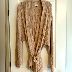 Long, thigh-length, soft  pink cardigan with tie